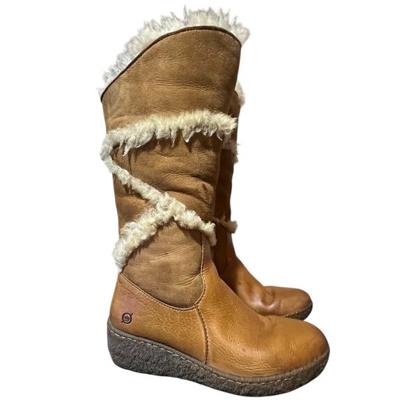 Born Shoes - Born Women's Shearling Cognac Brown Suede Leather Mid Calf Boots US 8 EU 39 Zip